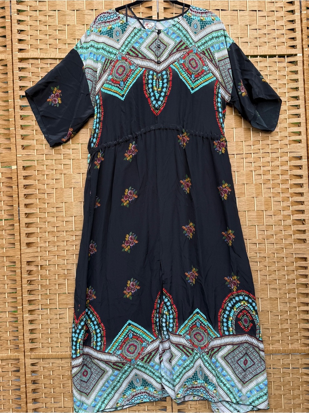 Johnny Was Midi Silk Black Dress w Teal, Red & White Embroidery Women’s Small